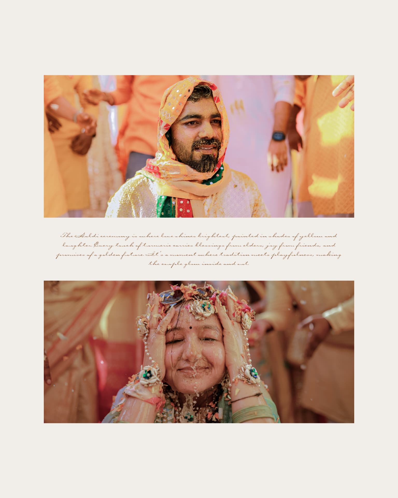 Haldi portraits of Anand and Soumya with a note about the ceremony