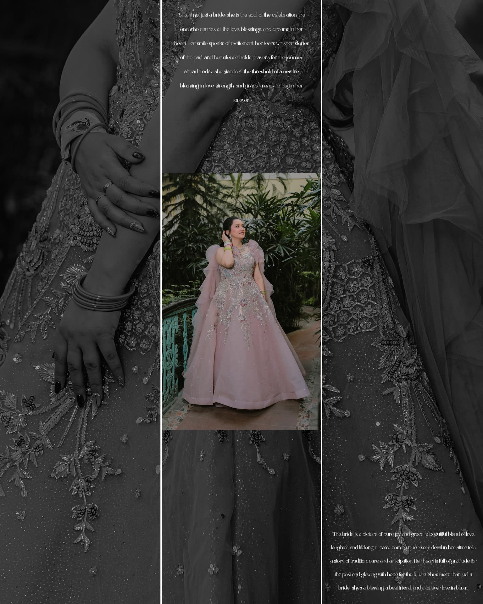 Close details of Soumya's embroidered blush gown and bangles