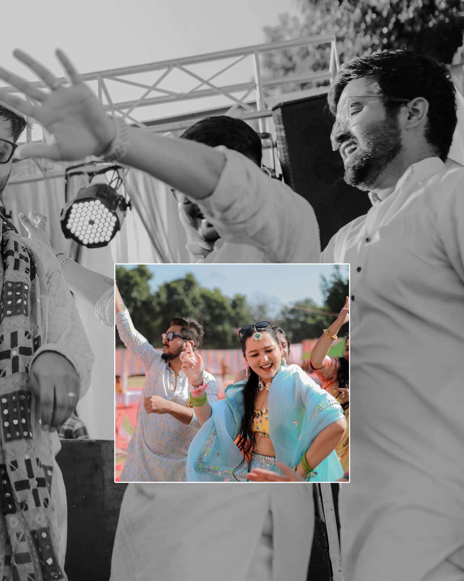 Soumya dancing in a blue dupatta as the party takes over the lawn