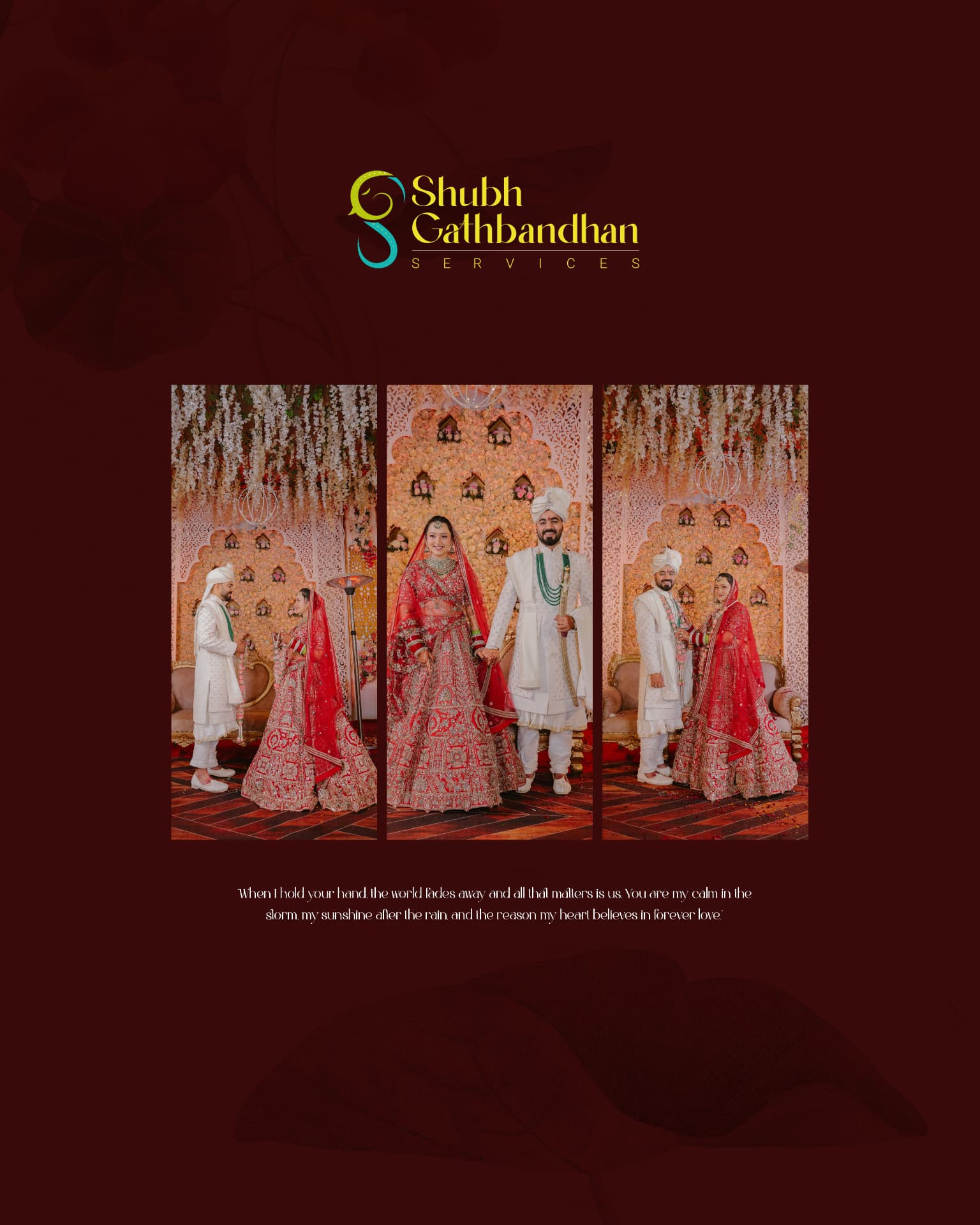 Three stage portraits of the couple on their wedding day