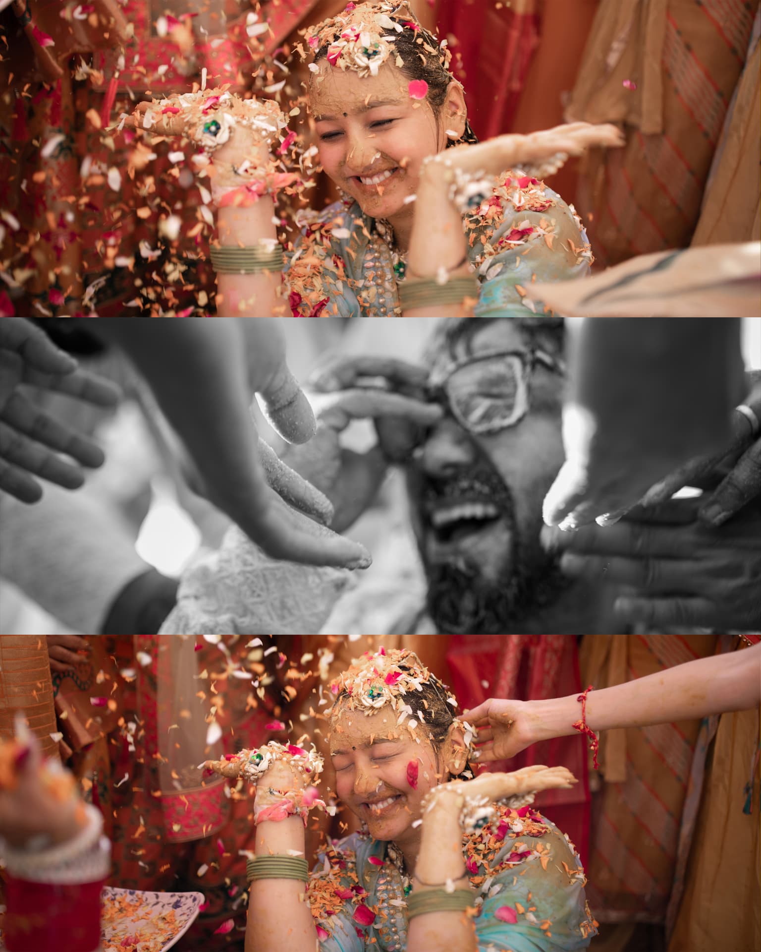 Soumya laughing under a shower of petals as haldi is rubbed in