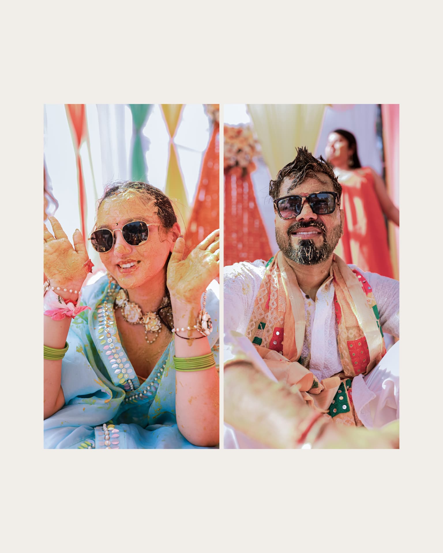 The couple covered in turmeric, laughing in sunglasses
