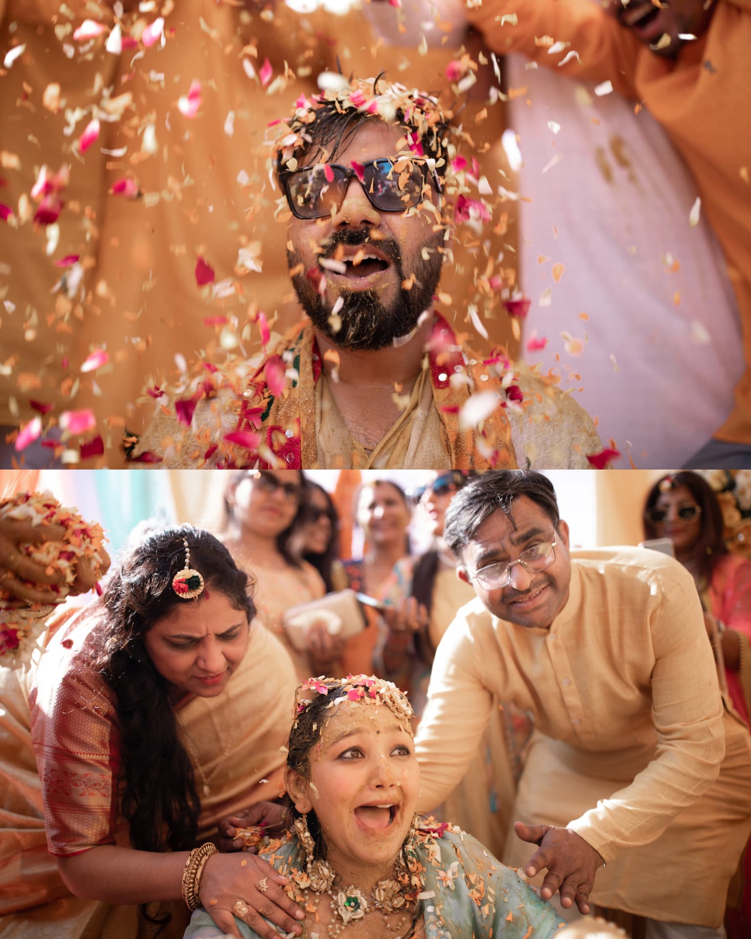 Anand mid-cheer in the petal storm, and Soumya surrounded by family