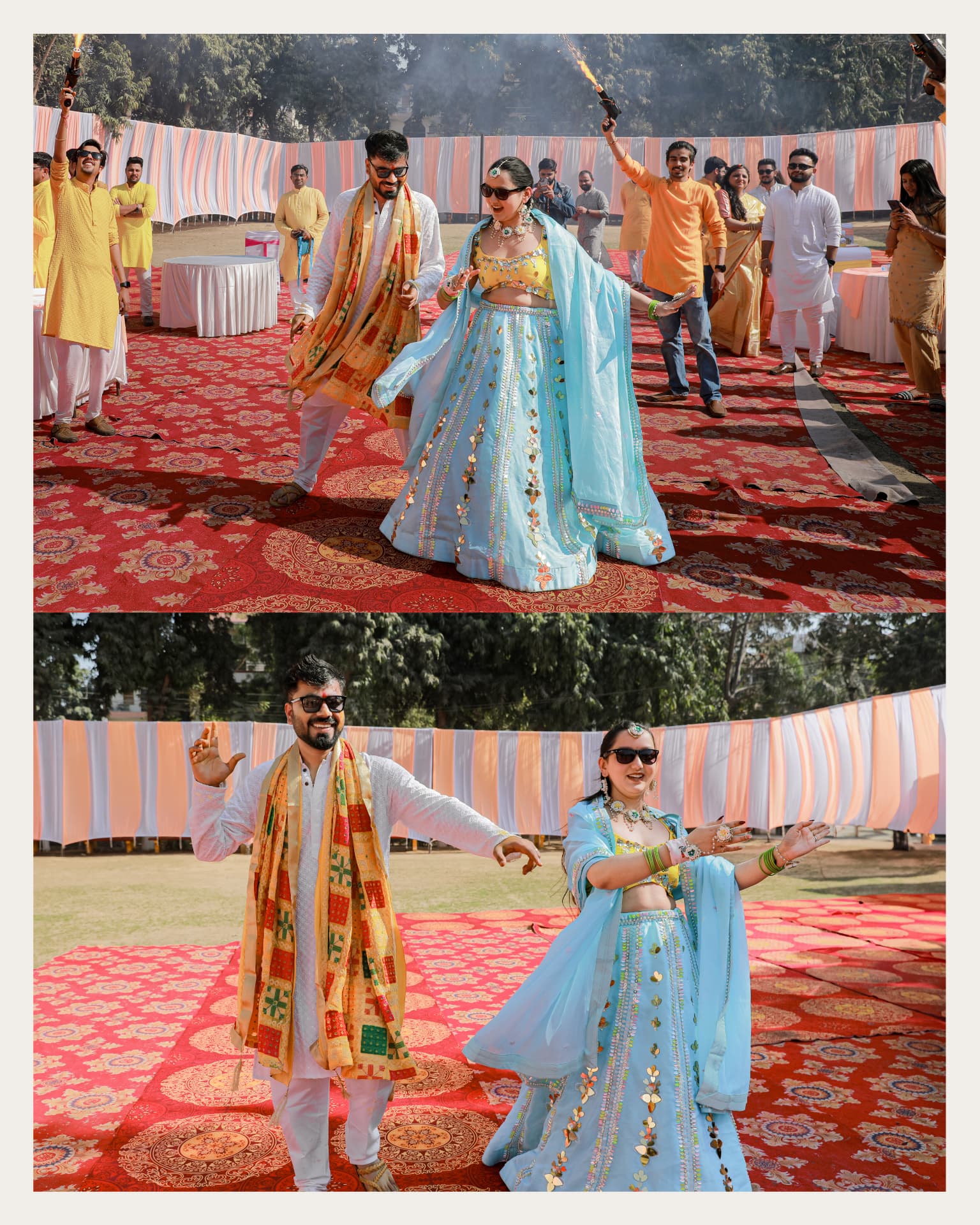 Anand and Soumya dancing on the red carpet with sparklers