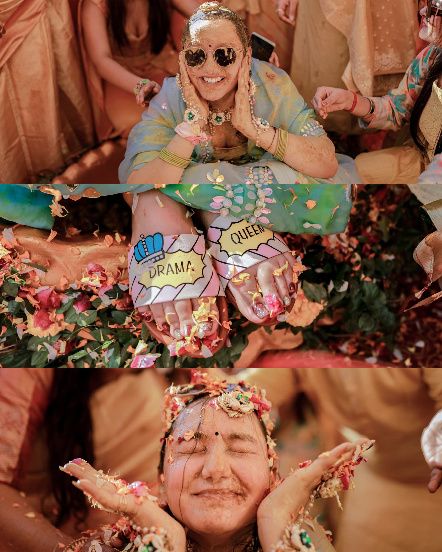 Soumya beaming under turmeric and petals in her Drama Queen slippers