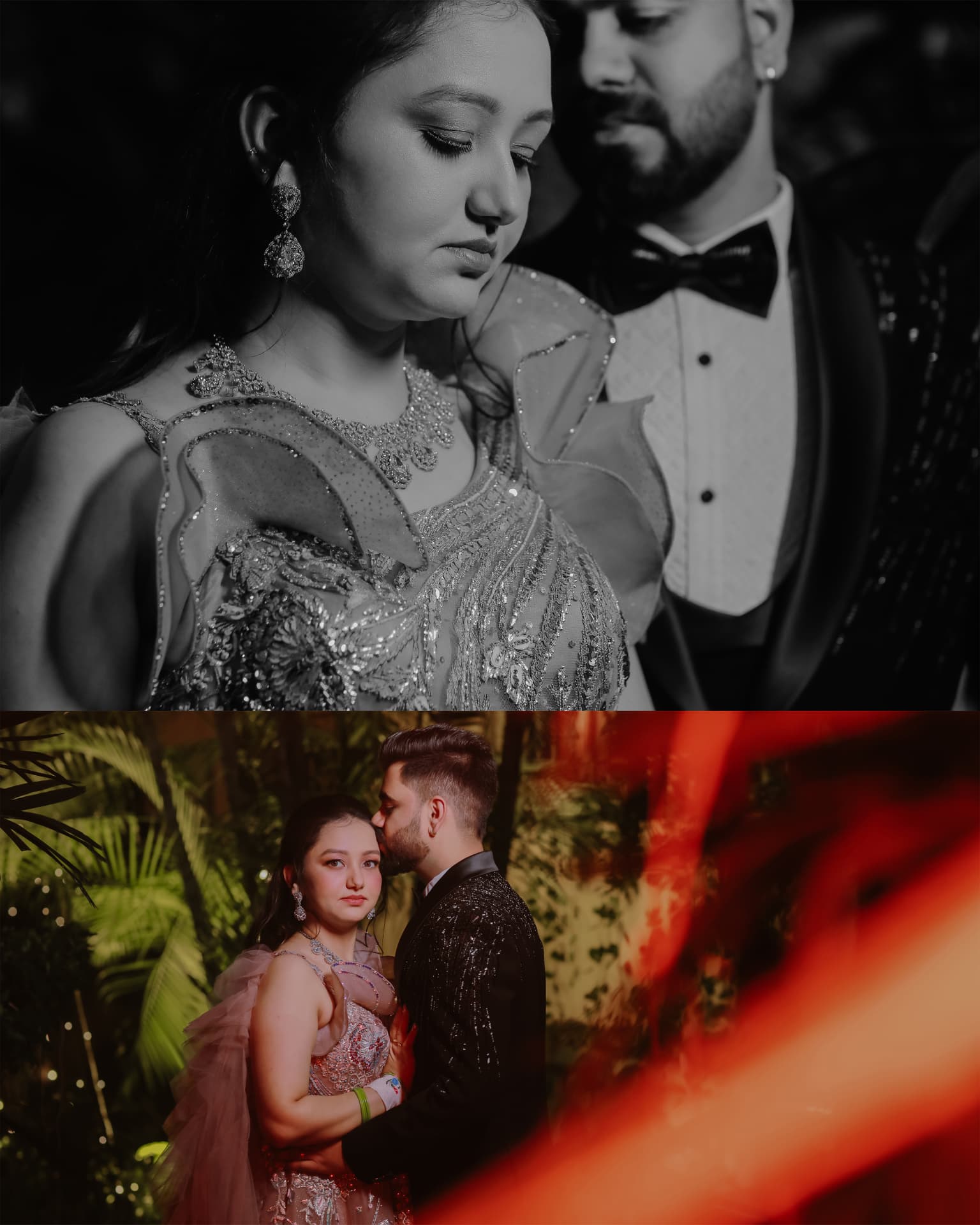 Portraits of Soumya and Anand in black and white and colour