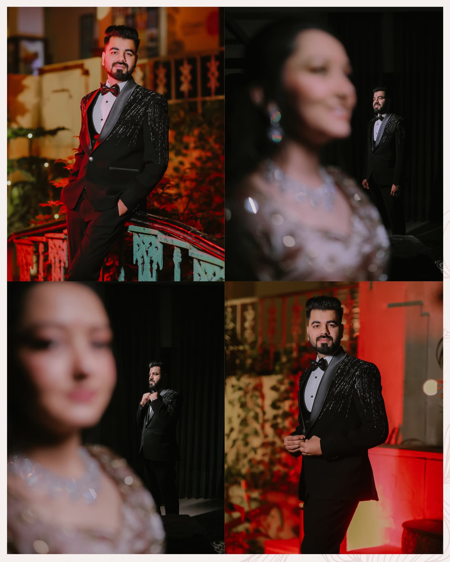 Anand in a sequinned black tuxedo at the engagement venue